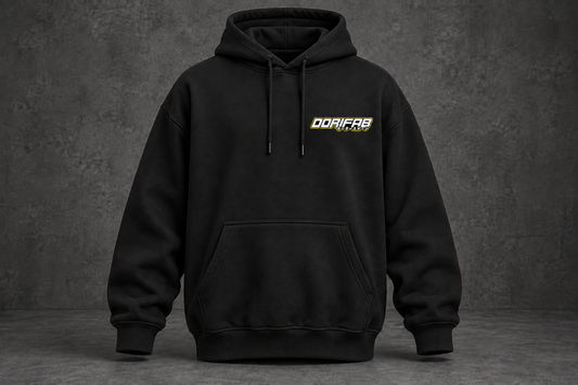 Front of the black Dorifab After Hours Street Oversized Hoodie with a small DORIFAB wordmark on the left chest.