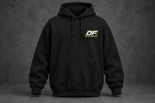 Front of the black Dorifab Bad Idea Department Rally Oversized Hoodie with a small DF monogram on the left chest.