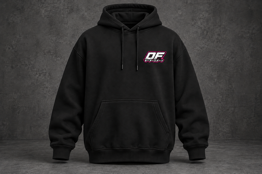 Front of the black Dorifab Controlled Chaos Drift Oversized Hoodie with a small DF monogram on the left chest.