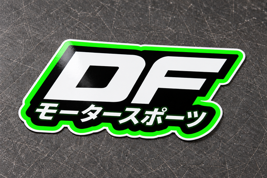 Dorifab DF Monogram laminated die-cut sticker in neon green with a white border