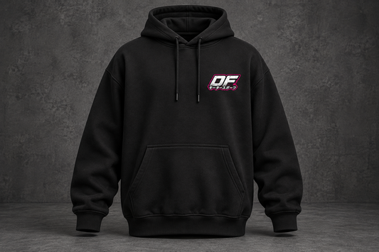 Front of the black Dorifab Night Shift oversized hoodie with a small DF logo on the left chest.