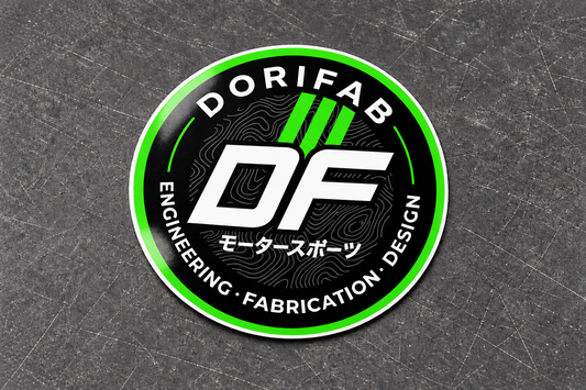 Dorifab Round DF Badge laminated die-cut sticker in neon green with a white border