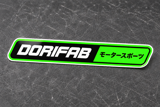 Dorifab Slim Banner laminated die-cut sticker in neon green with a white border
