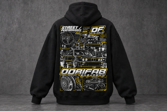 Back of the black Dorifab After Hours Street Oversized Hoodie with white and yellow street artwork.