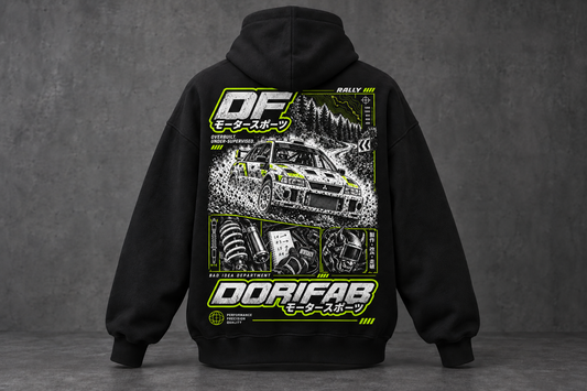 Back of the black Dorifab Bad Idea Department Rally Oversized Hoodie with white and lime green rally artwork.