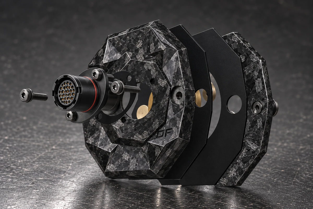 Dorifab compact single left forged carbon bulkhead connector plate, exploded view. Illustrative connector installation; connectors not included.