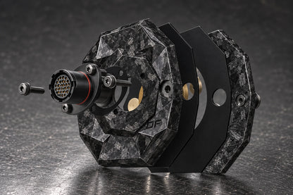 Dorifab compact single left forged carbon bulkhead connector plate, exploded view. Illustrative connector installation; connectors not included.