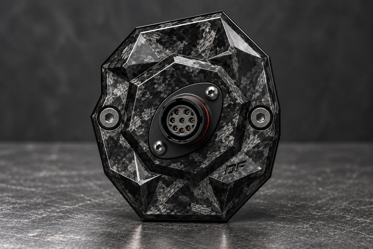 Dorifab compact single left forged carbon bulkhead connector plate, front view. Illustrative connector installation; connectors not included.