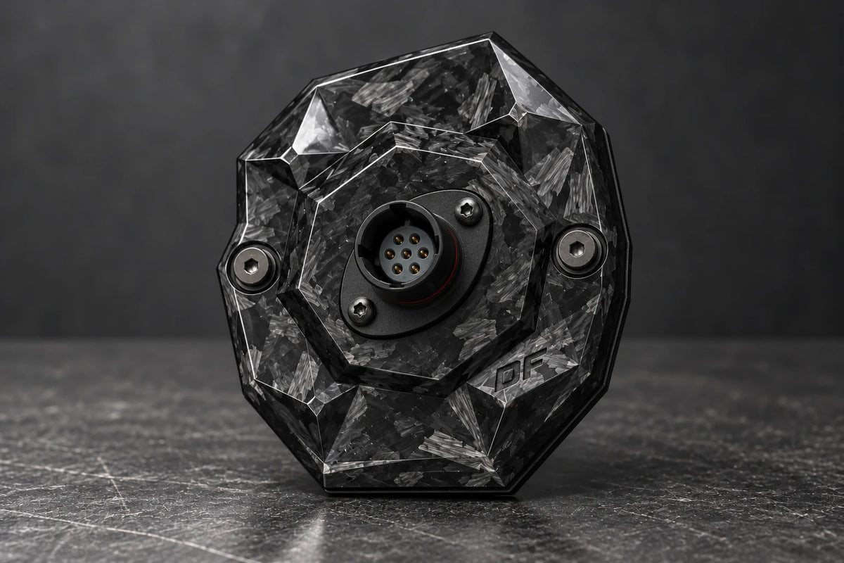 Dorifab compact single left forged carbon bulkhead connector plate, hero view. Illustrative connector installation; connectors not included.