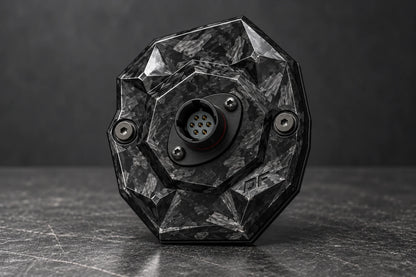 Dorifab compact single left forged carbon bulkhead connector plate, hero view. Illustrative connector installation; connectors not included.