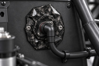 Dorifab compact single left forged carbon bulkhead connector plate, installed view. Illustrative connector installation; connectors not included.