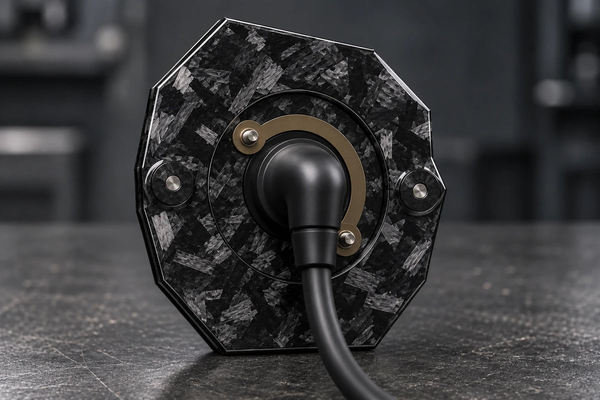 Dorifab compact single left forged carbon bulkhead connector plate, rear view. Illustrative connector installation; connectors not included.