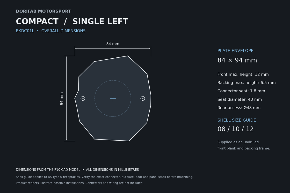 Dorifab Compact Single Left BKDC01L overall dimensions, 84 by 94 mm. CAD size and post-machining guide.