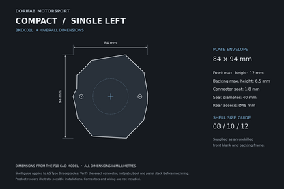 Dorifab Compact Single Left BKDC01L overall dimensions, 84 by 94 mm. CAD size and post-machining guide.