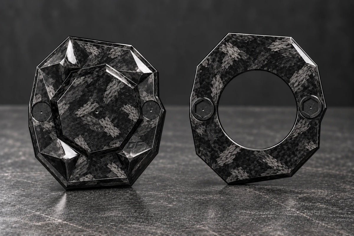 Dorifab compact single right forged carbon bulkhead connector plate, blank view. Blank front and matching backing frame as supplied.