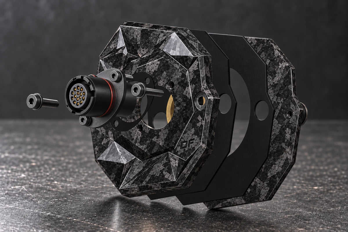 Dorifab compact single right forged carbon bulkhead connector plate, exploded view. Illustrative connector installation; connectors not included.