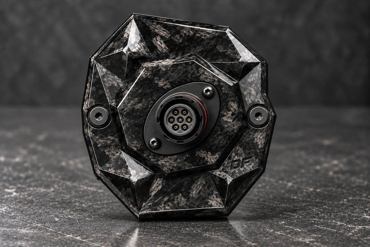 Dorifab compact single right forged carbon bulkhead connector plate, front view. Illustrative connector installation; connectors not included.
