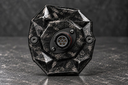 Dorifab compact single right forged carbon bulkhead connector plate, front view. Illustrative connector installation; connectors not included.