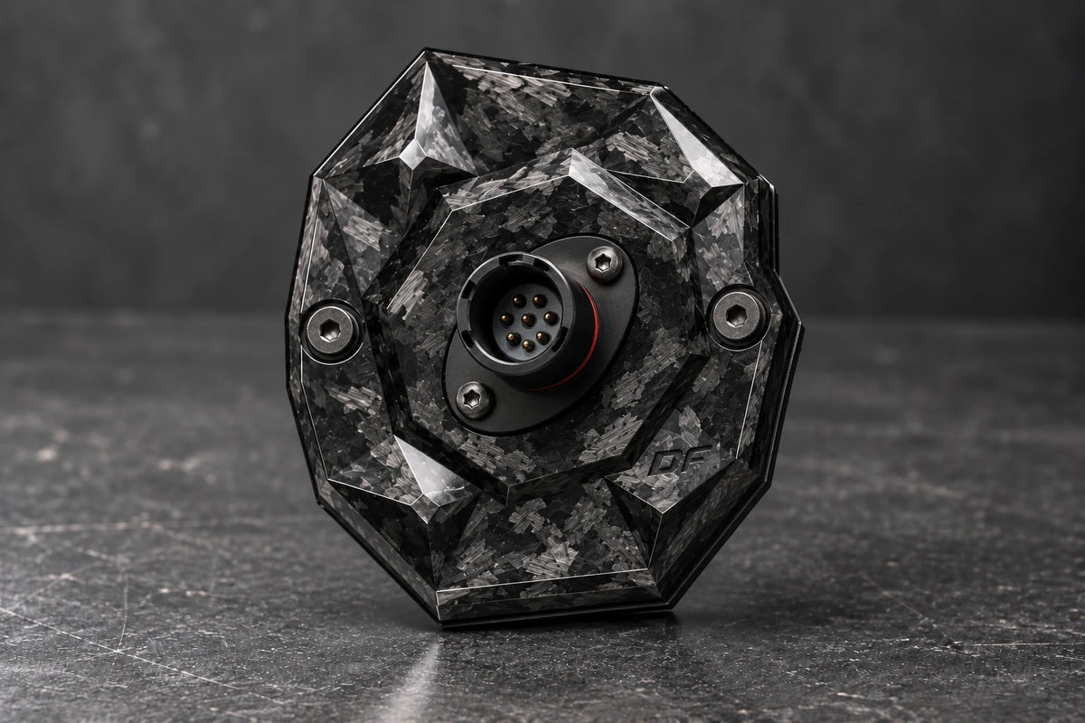 Dorifab compact single right forged carbon bulkhead connector plate, hero view. Illustrative connector installation; connectors not included.