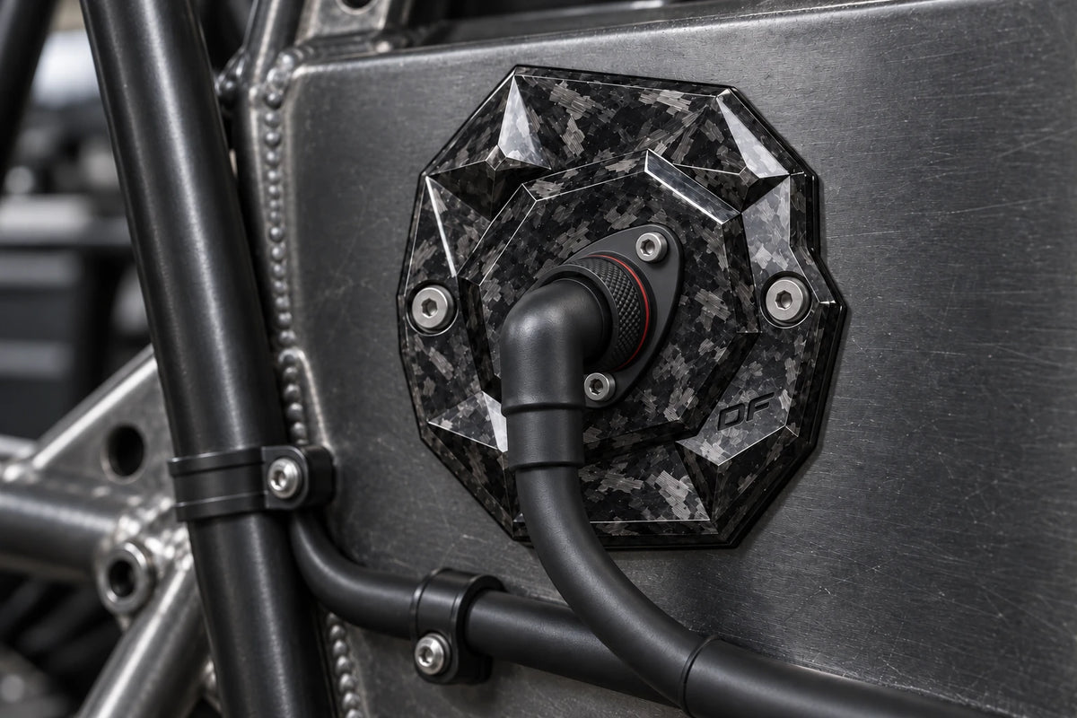 Dorifab compact single right forged carbon bulkhead connector plate, installed view. Illustrative connector installation; connectors not included.