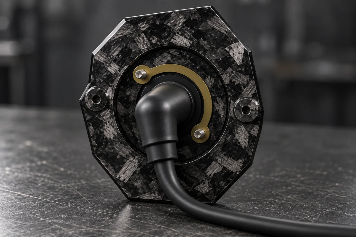 Dorifab compact single right forged carbon bulkhead connector plate, rear view. Illustrative connector installation; connectors not included.