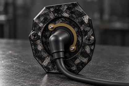Dorifab compact single right forged carbon bulkhead connector plate, rear view. Illustrative connector installation; connectors not included.