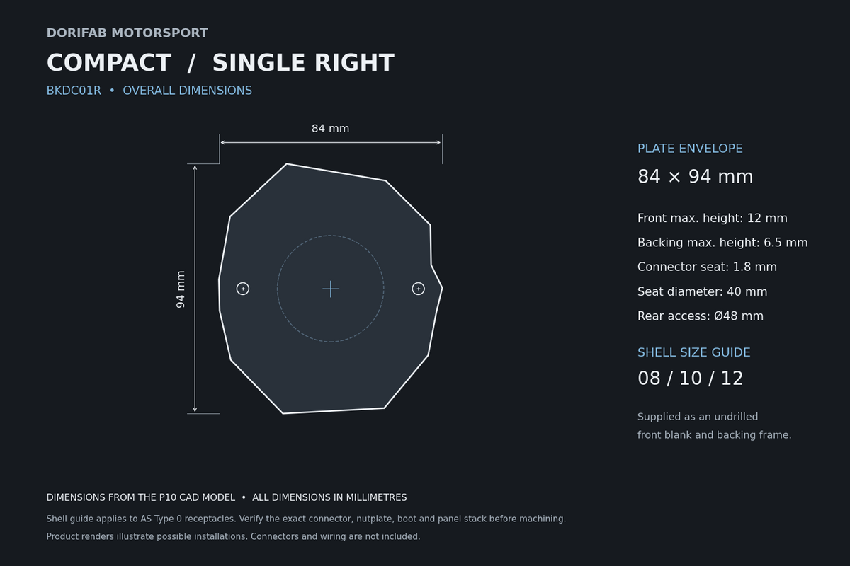 Dorifab Compact Single Right BKDC01R overall dimensions, 84 by 94 mm. CAD size and post-machining guide.