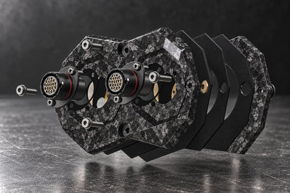 Dorifab compact dual forged carbon bulkhead connector plate, exploded view. Illustrative connector installation; connectors not included.