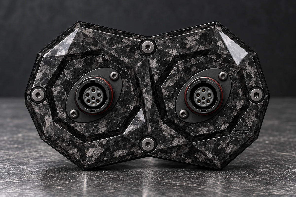 Dorifab compact dual forged carbon bulkhead connector plate, front view. Illustrative connector installation; connectors not included.