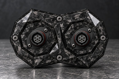 Dorifab compact dual forged carbon bulkhead connector plate, front view. Illustrative connector installation; connectors not included.