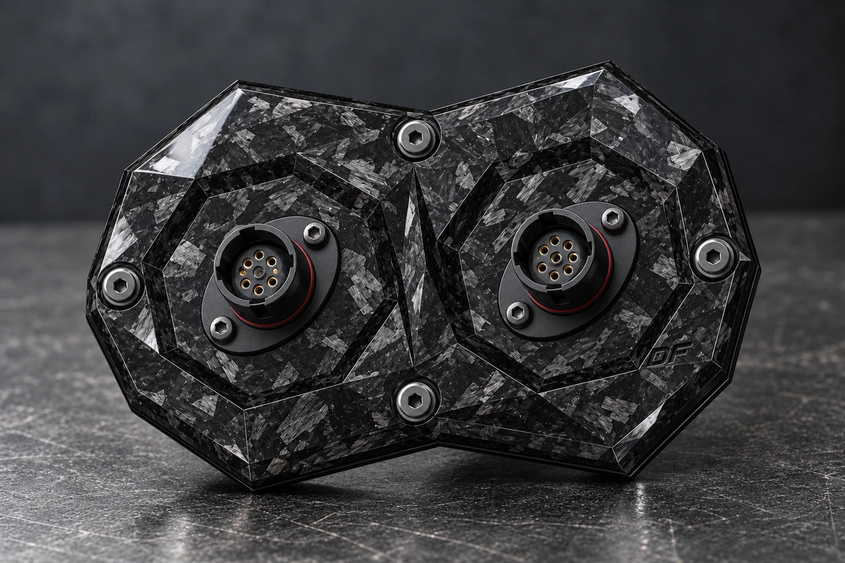 Dorifab compact dual forged carbon bulkhead connector plate, hero view. Illustrative connector installation; connectors not included.