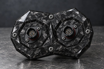 Dorifab compact dual forged carbon bulkhead connector plate, hero view. Illustrative connector installation; connectors not included.