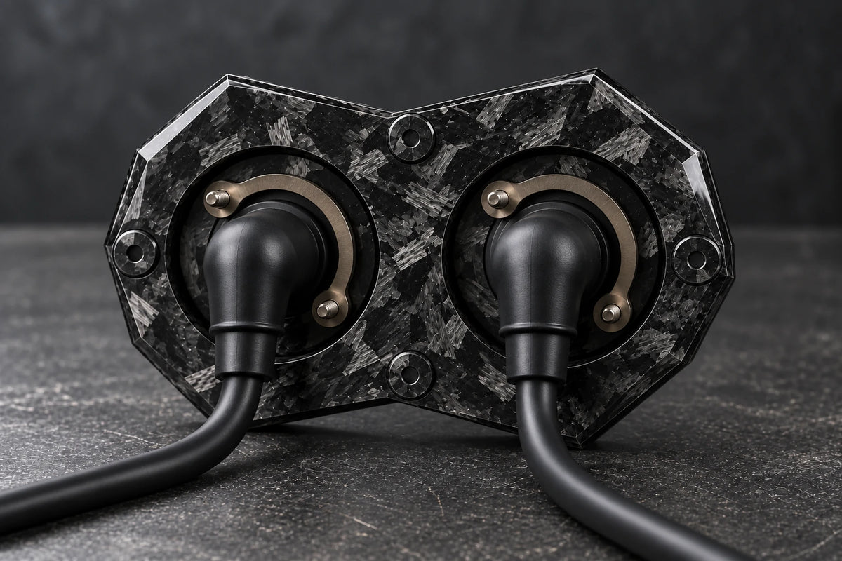 Dorifab compact dual forged carbon bulkhead connector plate, rear view. Illustrative connector installation; connectors not included.