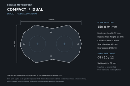 Dorifab Compact Dual BKDC02 overall dimensions, 150 by 94 mm. CAD size and post-machining guide.
