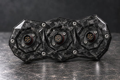 Dorifab compact triple forged carbon bulkhead connector plate, alternating shell sizes view. Illustrative connector installation; connectors not included.