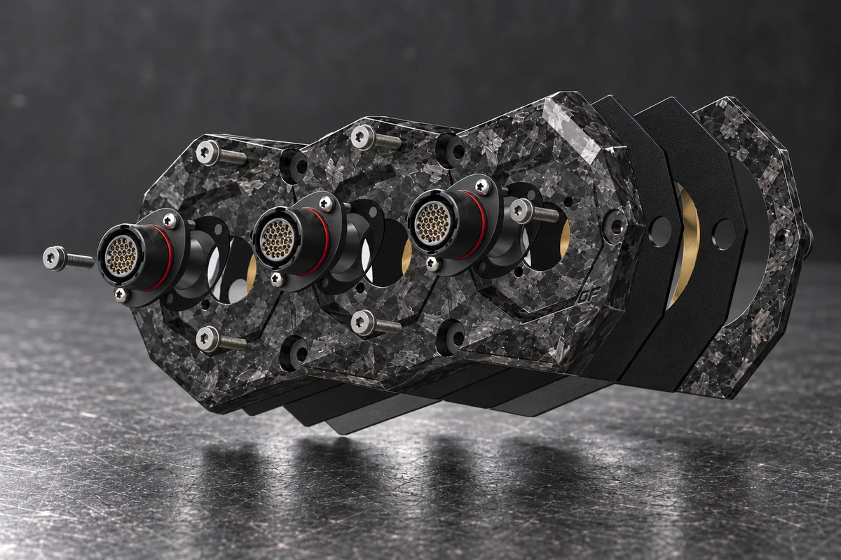Dorifab compact triple forged carbon bulkhead connector plate, exploded view. Illustrative connector installation; connectors not included.
