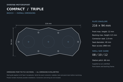 Dorifab Compact Triple BKDC03 overall dimensions, 216 by 94 mm. CAD size and post-machining guide.