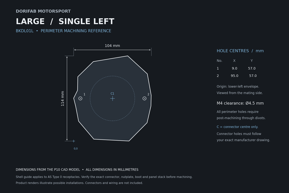 Dorifab Large Single Left BKDL01L mounting hole spacing, 104 by 114 mm. CAD size and post-machining guide.