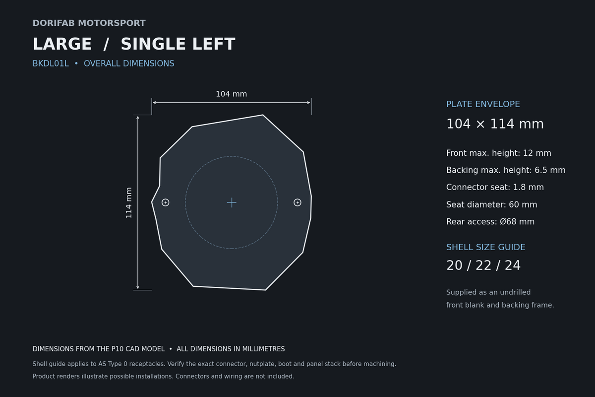 Dorifab Large Single Left BKDL01L overall dimensions, 104 by 114 mm. CAD size and post-machining guide.