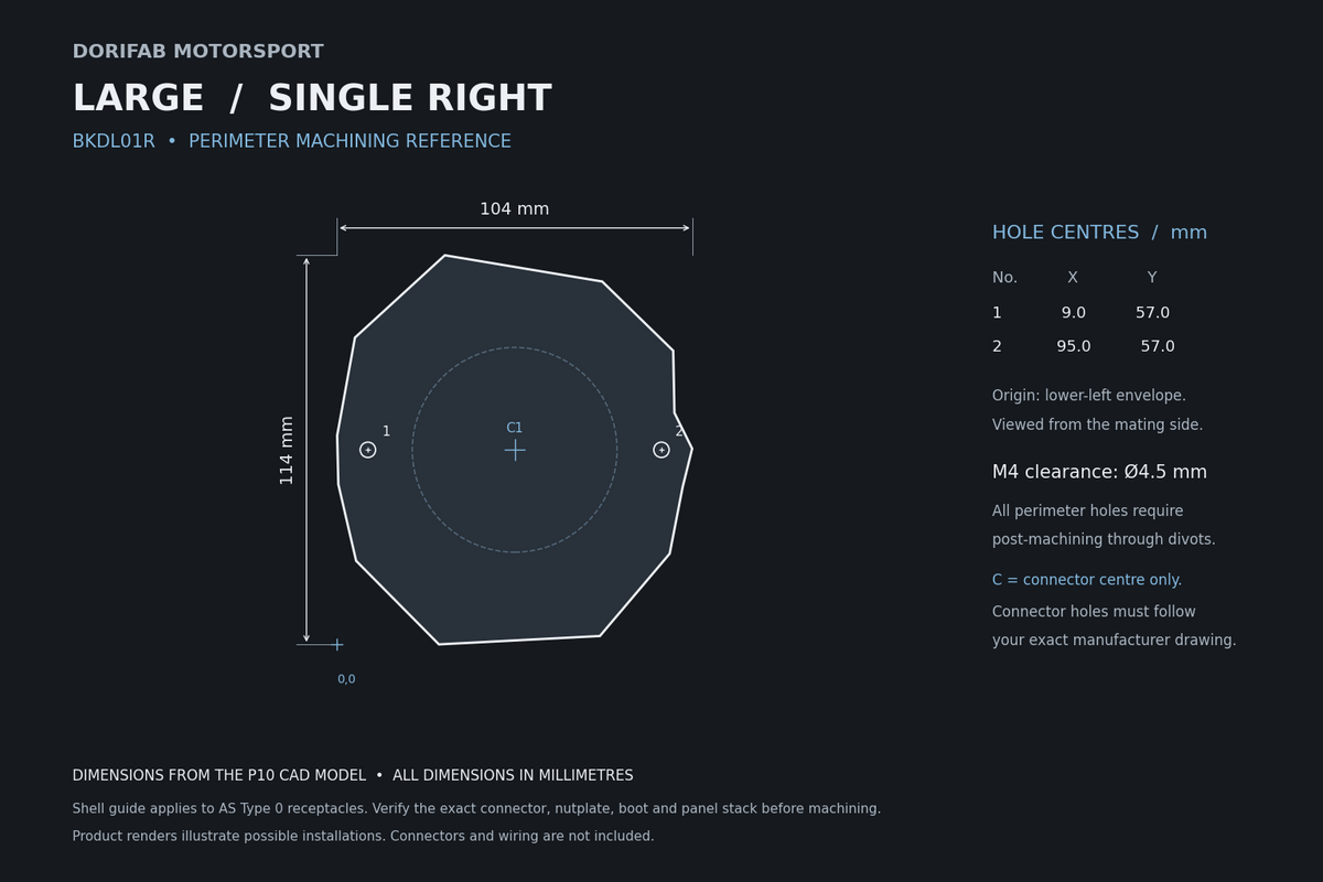 Dorifab Large Single Right BKDL01R mounting hole spacing, 104 by 114 mm. CAD size and post-machining guide.