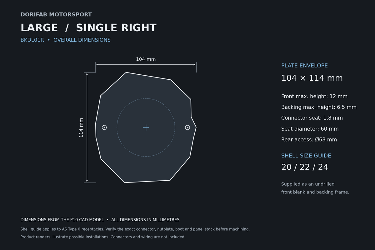 Dorifab Large Single Right BKDL01R overall dimensions, 104 by 114 mm. CAD size and post-machining guide.