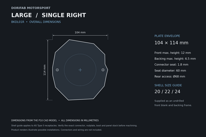 Dorifab Large Single Right BKDL01R overall dimensions, 104 by 114 mm. CAD size and post-machining guide.
