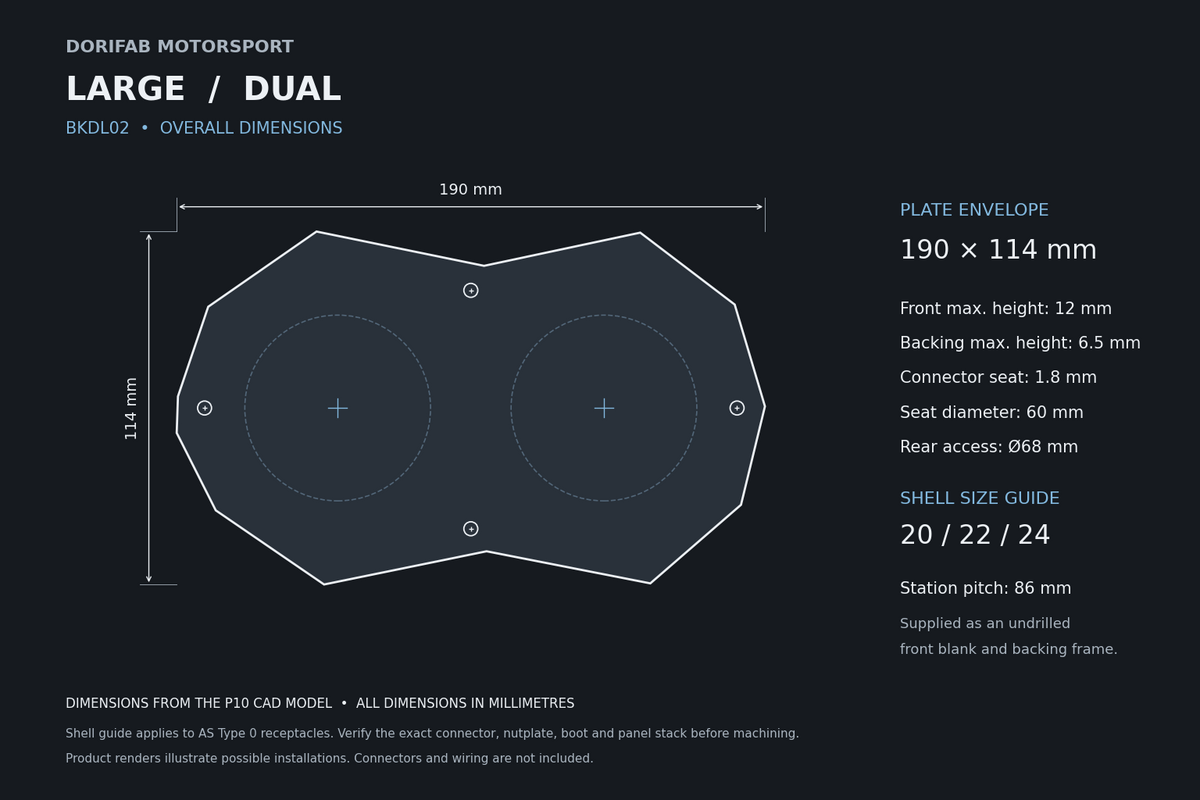 Dorifab Large Dual BKDL02 overall dimensions, 190 by 114 mm. CAD size and post-machining guide.