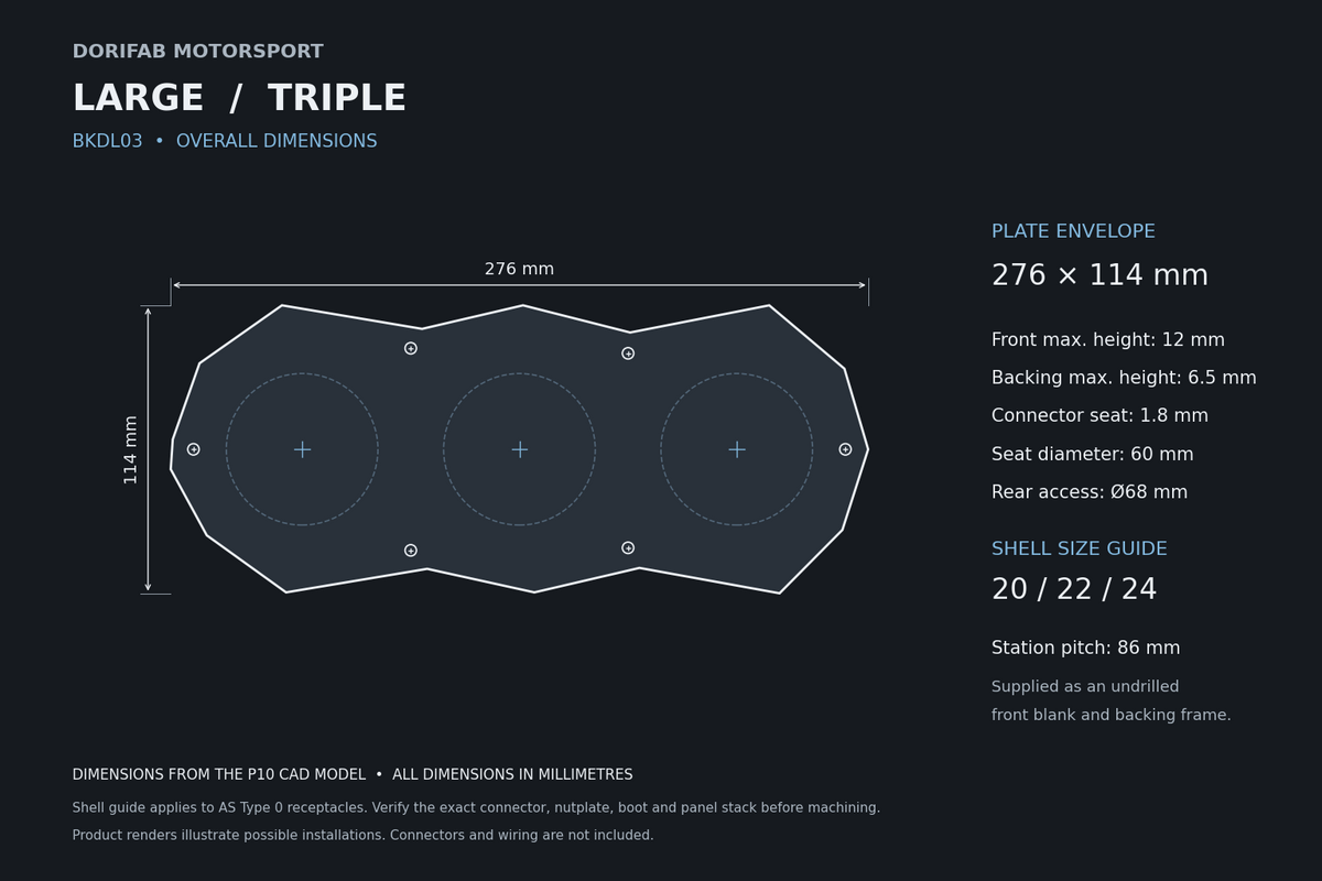 Dorifab Large Triple BKDL03 overall dimensions, 276 by 114 mm. CAD size and post-machining guide.