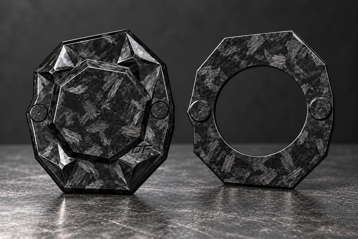 Dorifab medium single left forged carbon bulkhead connector plate, blank view. Blank front and matching backing frame as supplied.