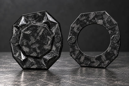 Dorifab medium single left forged carbon bulkhead connector plate, blank view. Blank front and matching backing frame as supplied.