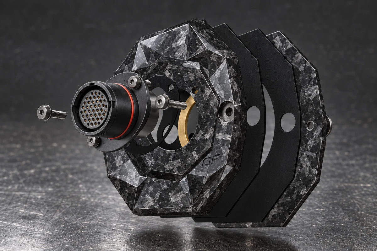 Dorifab medium single left forged carbon bulkhead connector plate, exploded view. Illustrative connector installation; connectors not included.