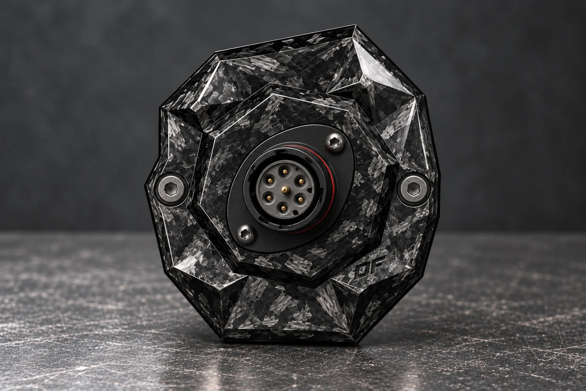 Dorifab medium single left forged carbon bulkhead connector plate, front view. Illustrative connector installation; connectors not included.