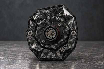 Dorifab medium single left forged carbon bulkhead connector plate, front view. Illustrative connector installation; connectors not included.