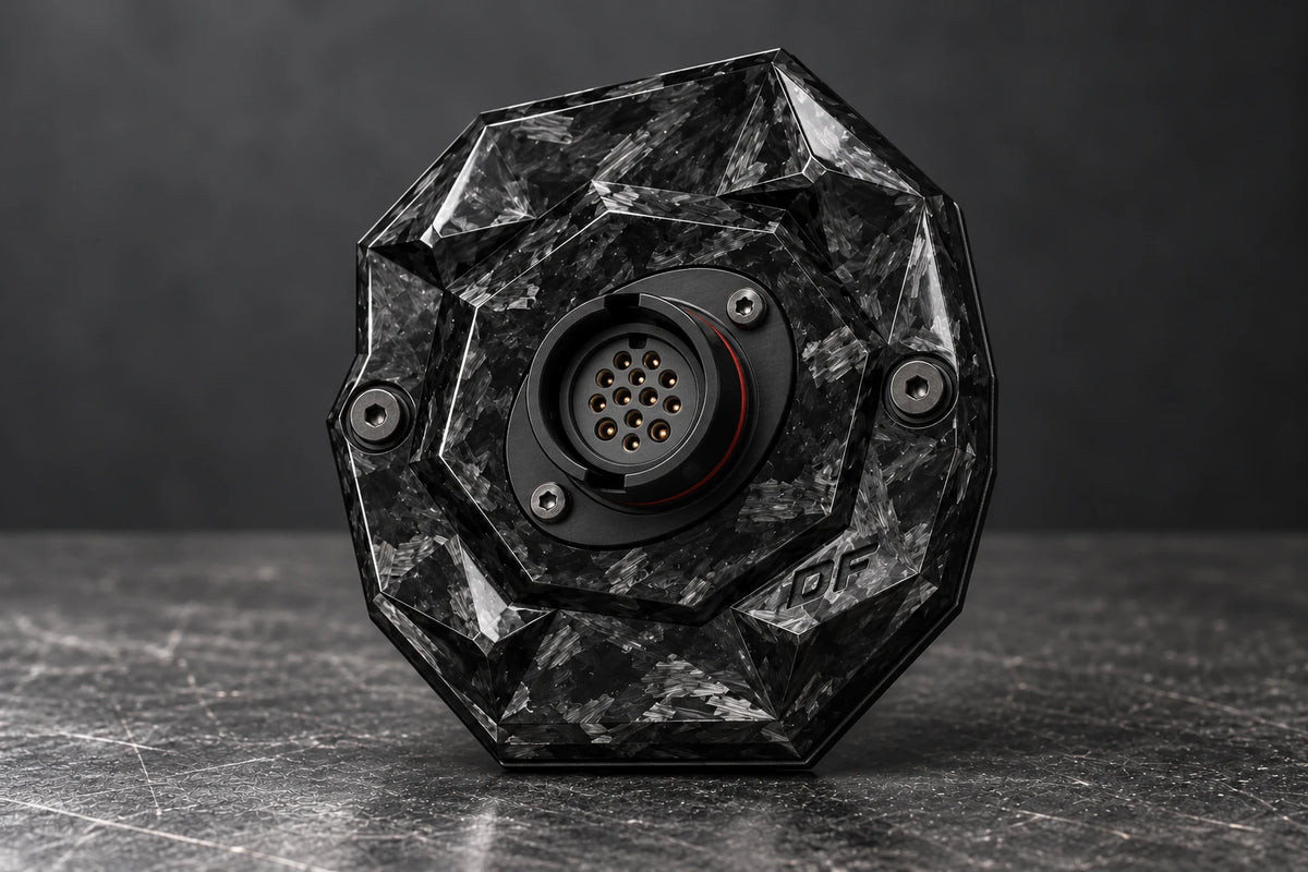Dorifab medium single left forged carbon bulkhead connector plate, hero view. Illustrative connector installation; connectors not included.